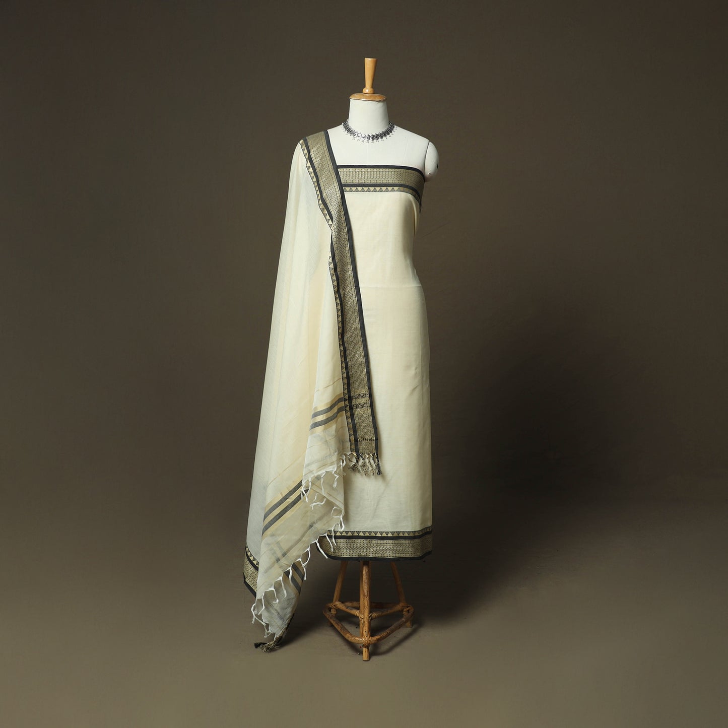Beige - Dharwad Woven Mercerised Cotton 3pc Unstitched Dress Material Suit Set 15