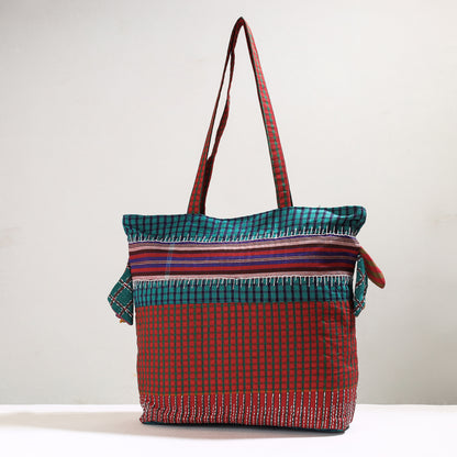 Red - Handmade Gamcha Fabric Kantha Work Tote Bag