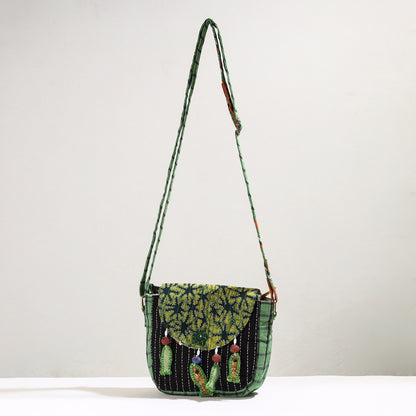 Green - Handmade Gamcha Fabric Kantha Work Canvas Cotton Sling Bag