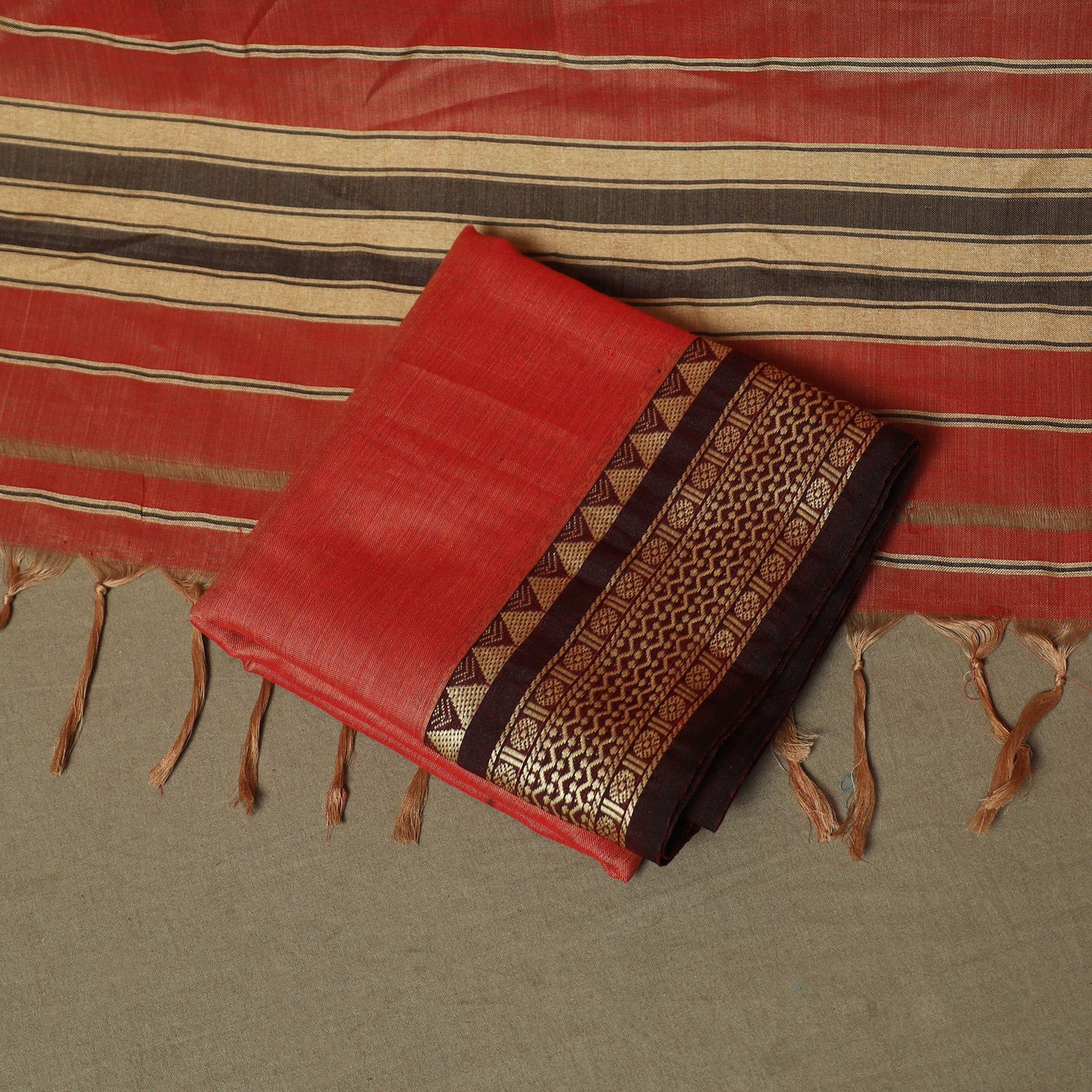 Orange - Dharwad Woven Mercerised Cotton 3pc Unstitched Dress Material Suit Set 19