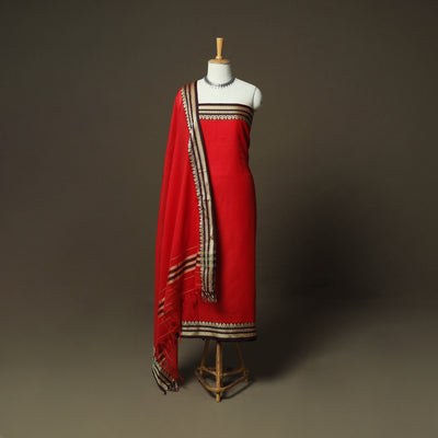 Red - Dharwad Woven Mercerised Cotton 3pc Unstitched Dress Material Suit Set 20