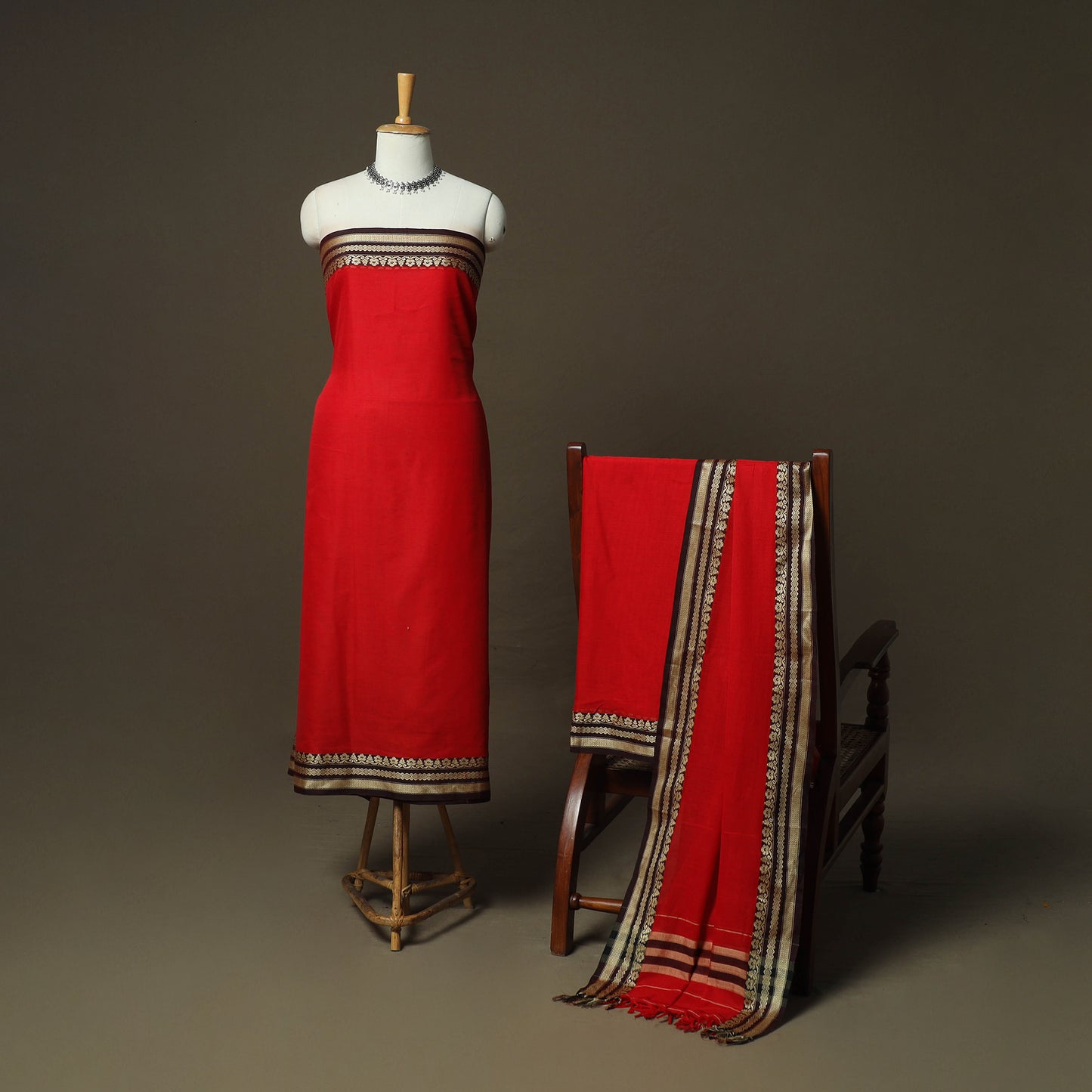 Red - Dharwad Woven Mercerised Cotton 3pc Unstitched Dress Material Suit Set 20