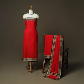 Red - Dharwad Woven Mercerised Cotton 3pc Unstitched Dress Material Suit Set 20