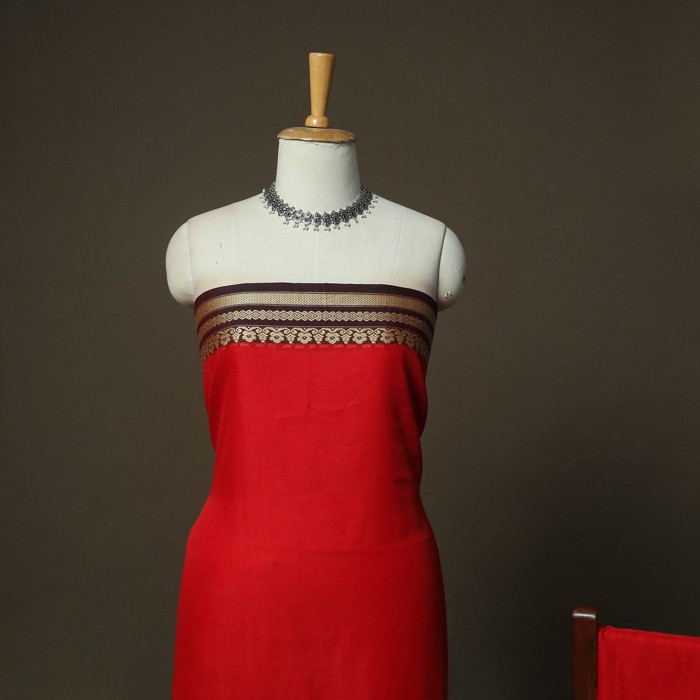 Red - Dharwad Woven Mercerised Cotton 3pc Unstitched Dress Material Suit Set 20
