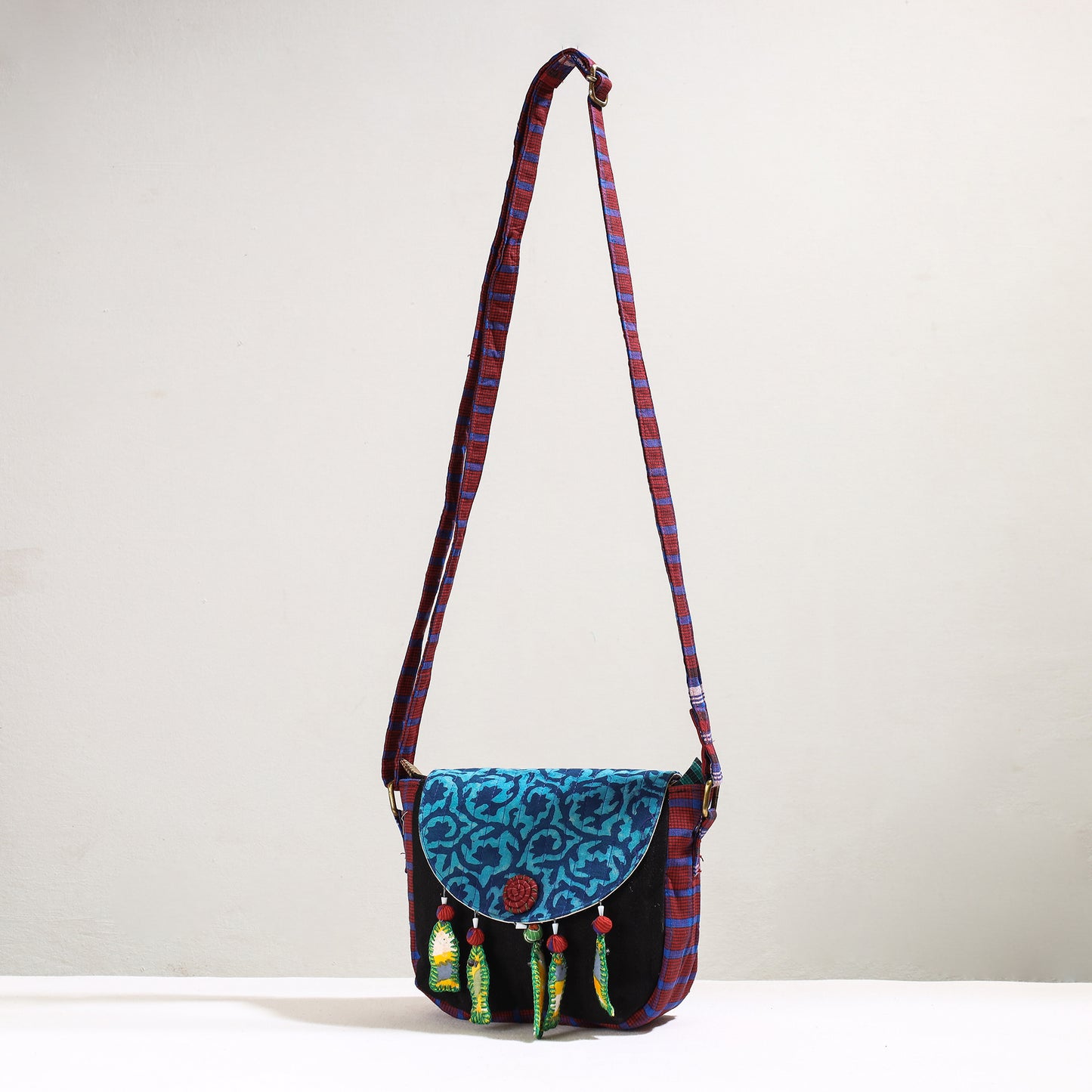 Blue - Handmade Gamcha Fabric Kantha Work Canvas Cotton Sling Bag