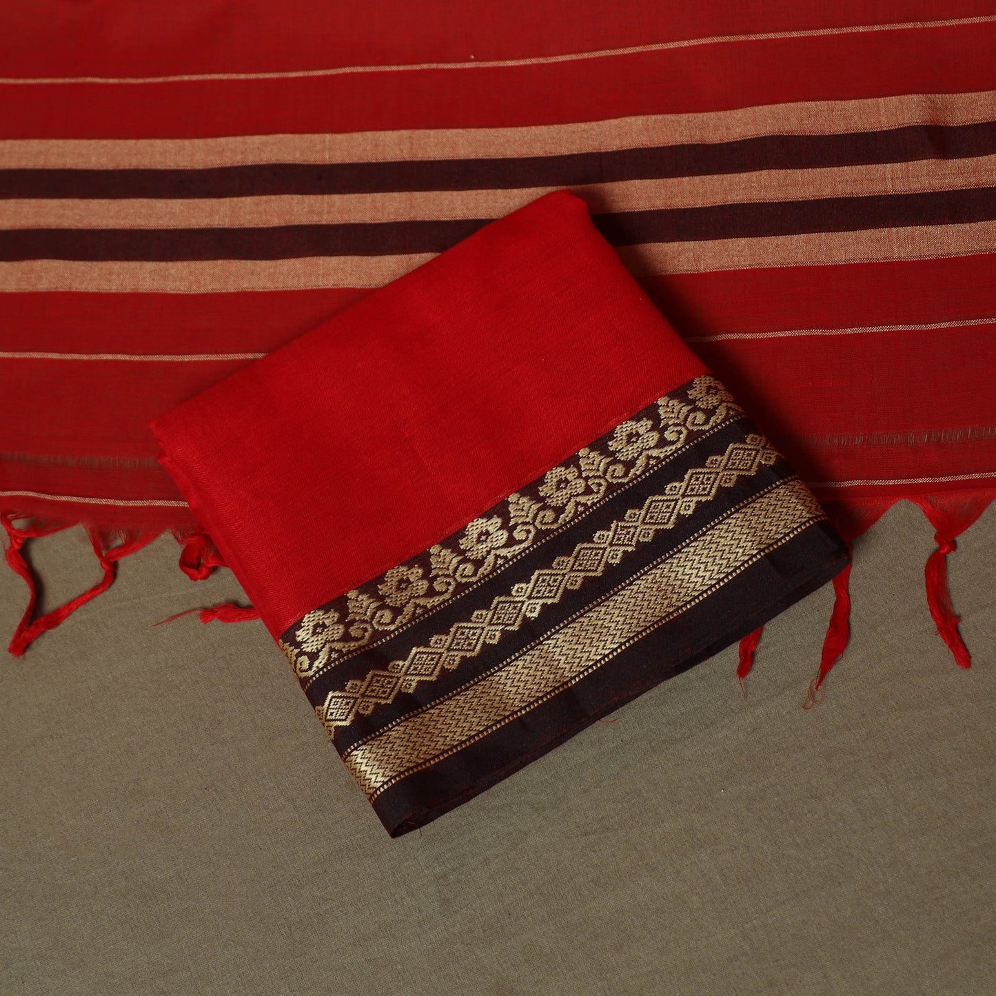 Red - Dharwad Woven Mercerised Cotton 3pc Unstitched Dress Material Suit Set 20