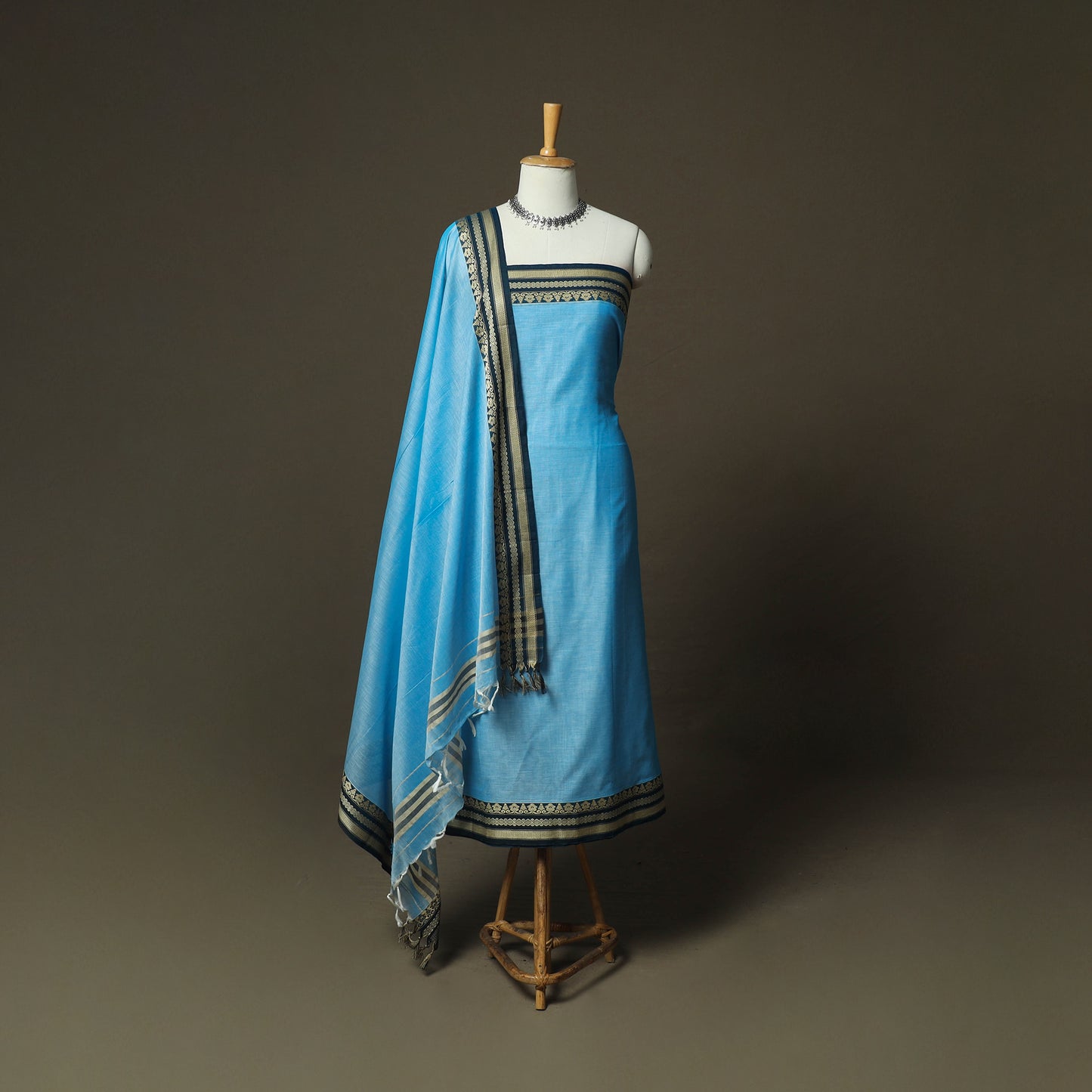 Blue - Dharwad Woven Mercerised Cotton 3pc Unstitched Dress Material Suit Set 22