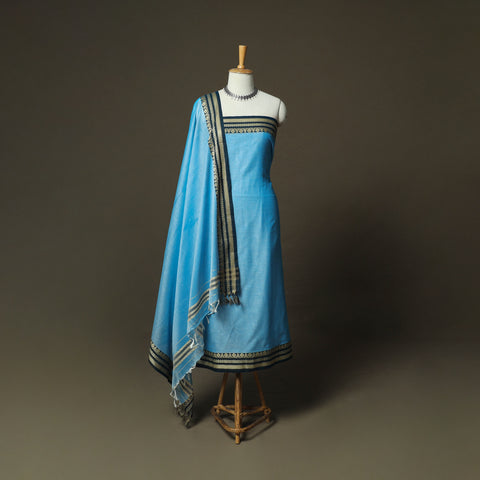 Blue - Dharwad Woven Mercerised Cotton 3pc Unstitched Dress Material Suit Set 22