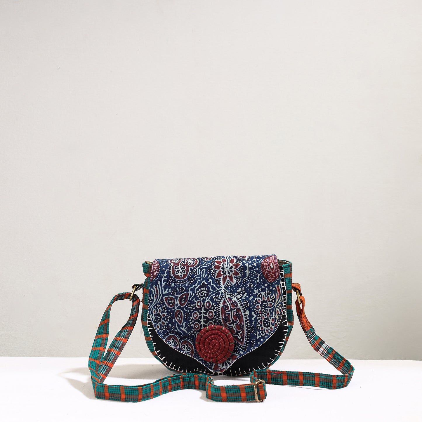 Blue - Handmade Gamcha Fabric Embroiderd Canvas Cotton Sling Bag