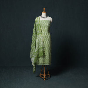 Green - Kutch Hand Block Batik Print Kota Doria Cotton 3pc Unstitched Dress Material Suit Set 01