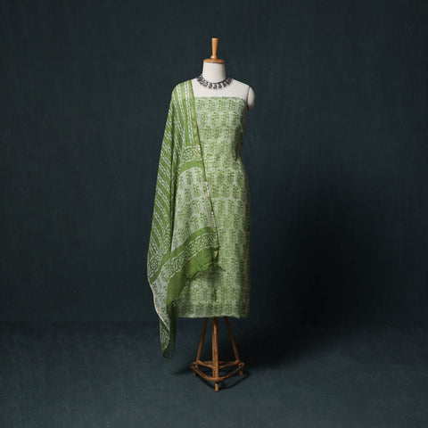 Green - Kutch Hand Block Batik Print Kota Doria Cotton 3pc Unstitched Dress Material Suit Set 01