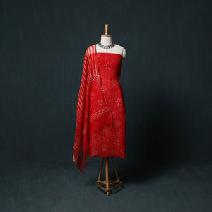 Red - Kutch Hand Block Batik Print Kota Doria Cotton 3pc Unstitched Dress Material Suit Set 02