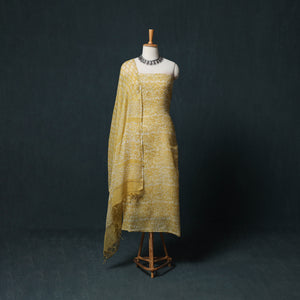 Yellow - Kutch Hand Block Batik Print Kota Doria Cotton 3pc Unstitched Dress Material Suit Set 04