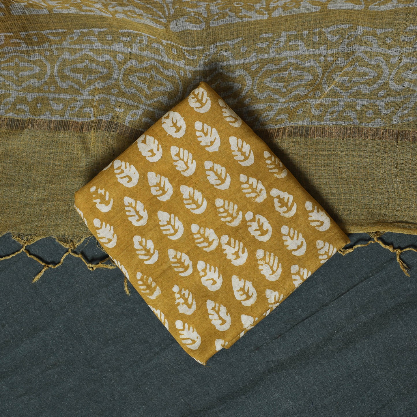 Kutch Hand Block Batik Print Kota Doria Cotton 3pc Unstitched Dress Material Suit Set 04