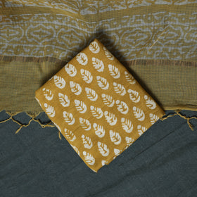 Kutch Hand Block Batik Print Kota Doria Cotton 3pc Unstitched Dress Material Suit Set 04