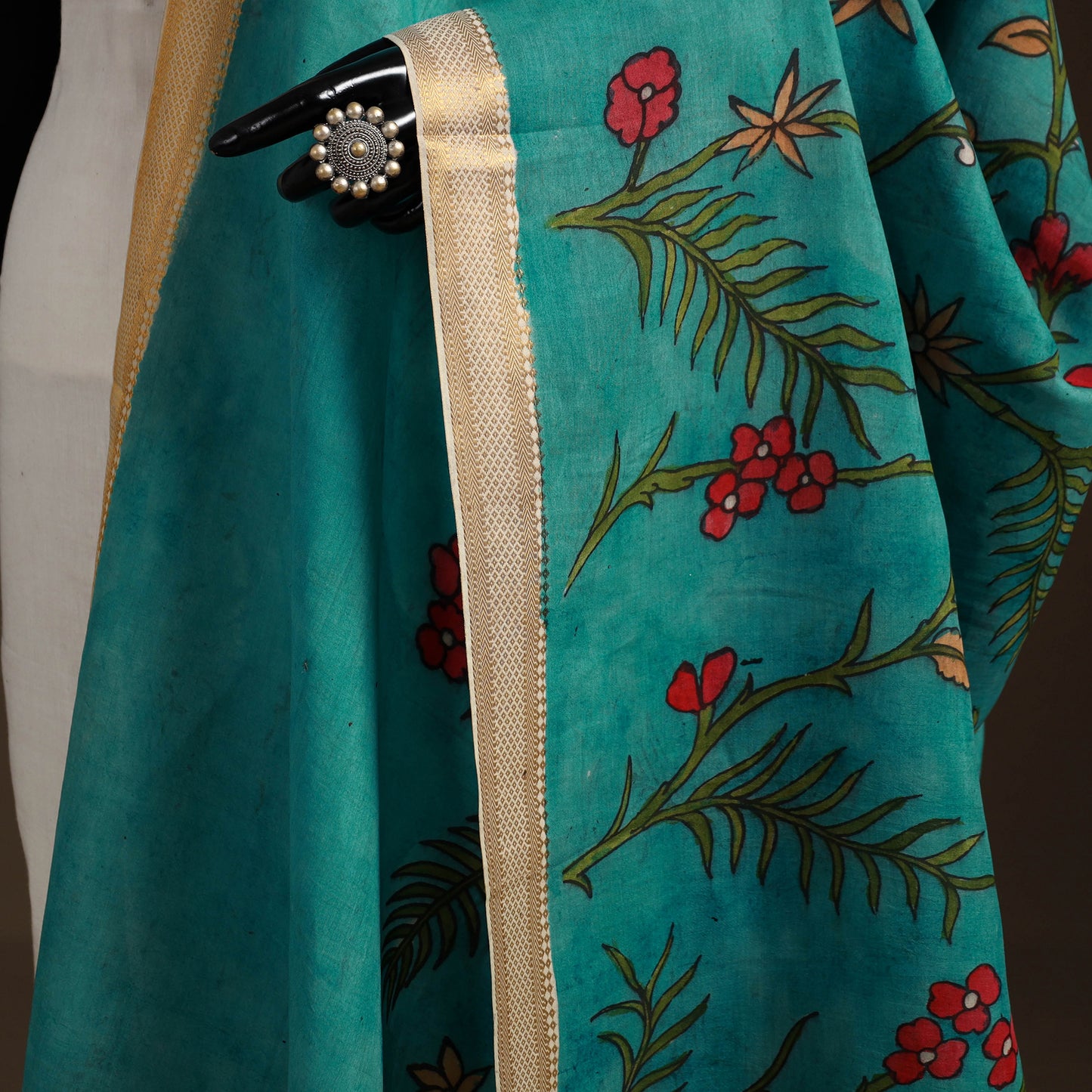 Srikalahasti Pen Work Kalamkari Bangalore Silk Floral Handpainted Dupatta 05