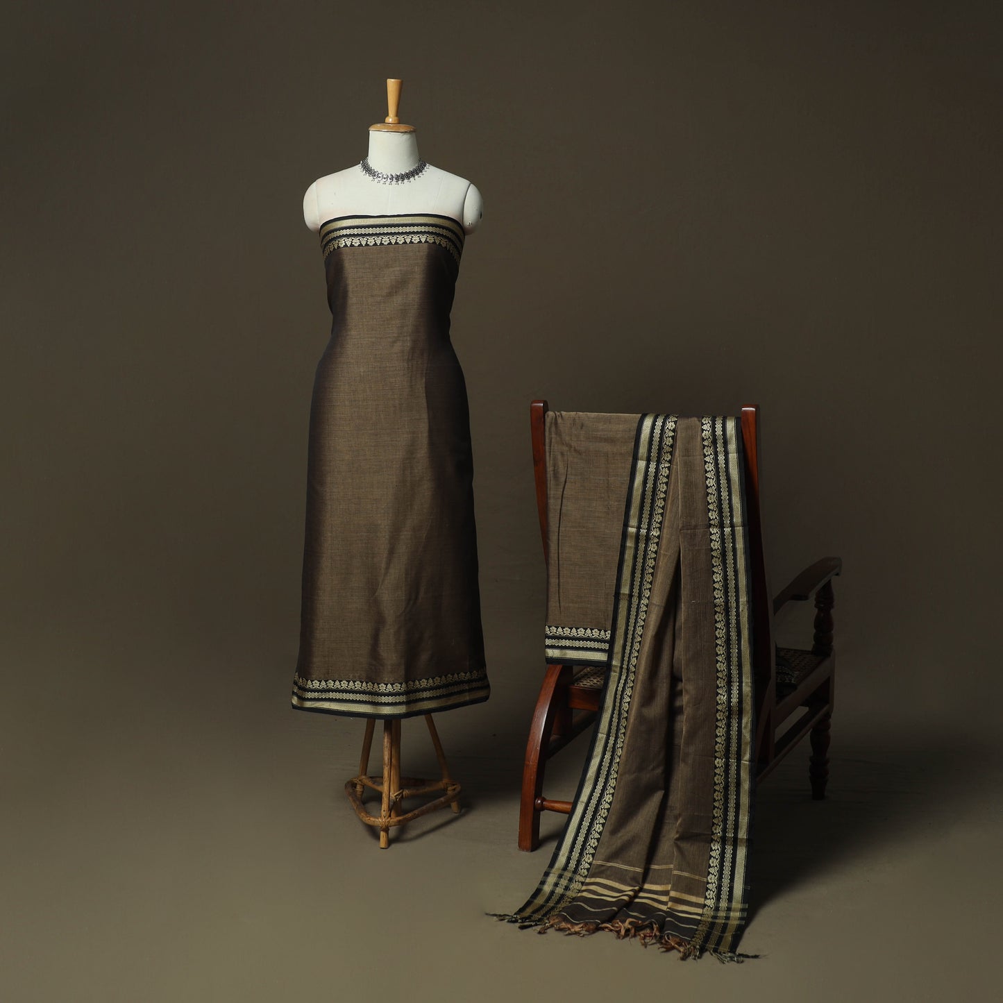 Brown - Dharwad Woven Mercerised Cotton 3pc Unstitched Dress Material Suit Set 28