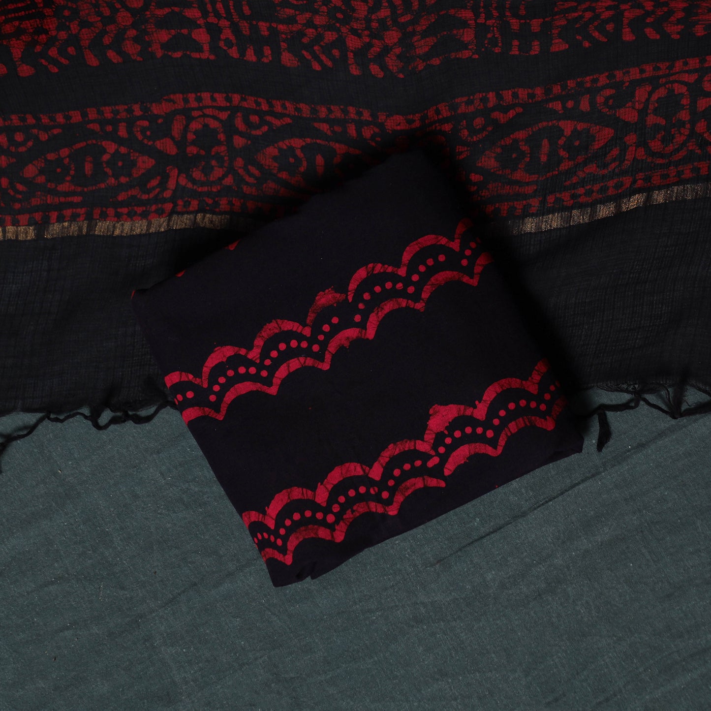 Kutch Hand Block Batik Print Kota Doria Cotton 3pc Unstitched Dress Material Suit Set 08