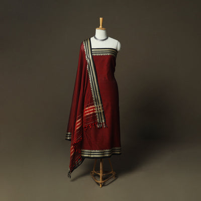 Maroon - Dharwad Woven Mercerised Cotton 3pc Unstitched Dress Material Suit Set 30