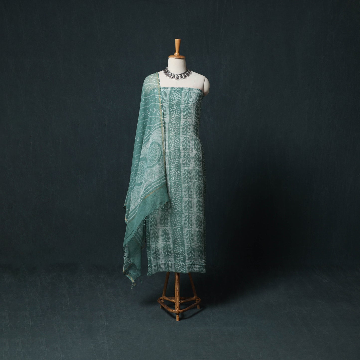 Kutch Hand Block Batik Print Kota Doria Cotton 3pc Unstitched Dress Material Suit Set 09