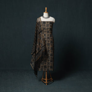 Black - Kutch Hand Block Batik Print Kota Doria Cotton 3pc Unstitched Dress Material Suit Set 10