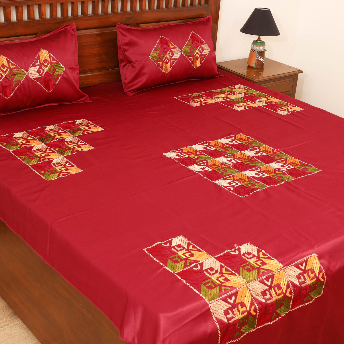 Floral phulkari hand embroidered double bedsheet with 2
