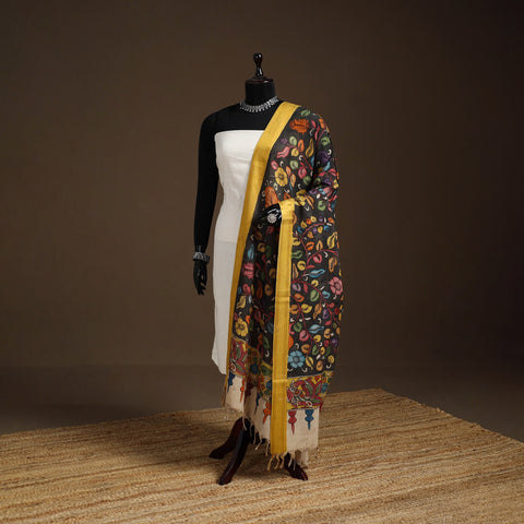 Srikalahasti Pen Work Kalamkari Bangalore Silk Floral Handpainted Dupatta 06