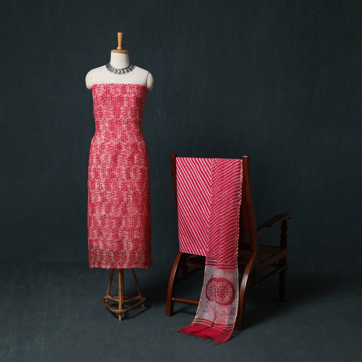 Kutch Hand Block Batik Print Kota Doria Cotton 3pc Unstitched Dress Material Suit Set 11