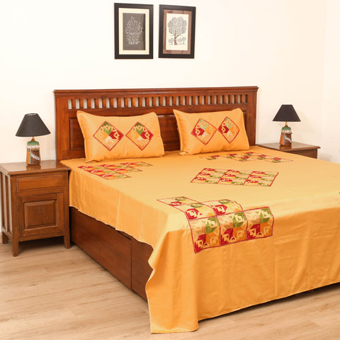Floral Phulkari Hand Embroidered Double Bedsheet with 2 Pillow Covers Set (108 x 90 in) 01