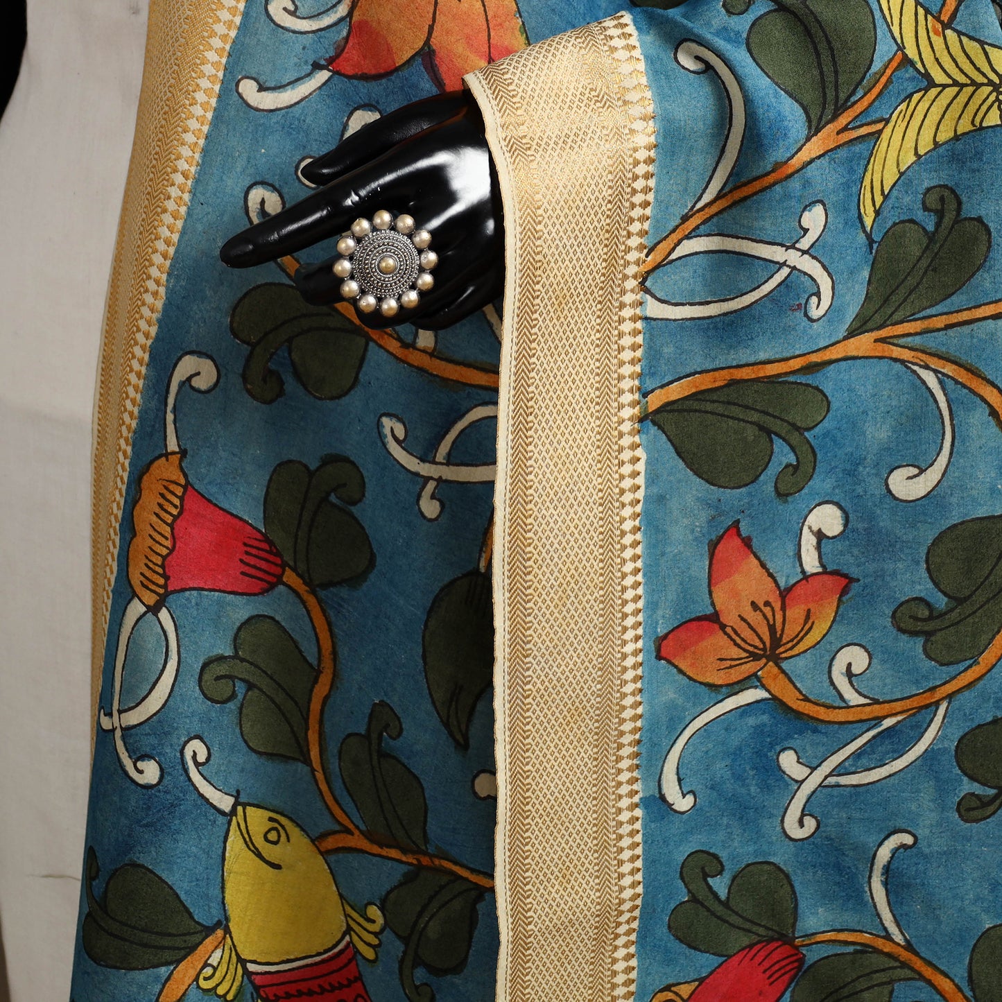 Srikalahasti Pen Work Kalamkari Bangalore Silk Floral Handpainted Dupatta 09