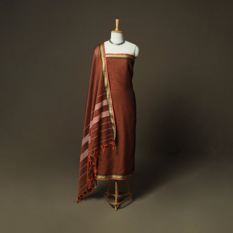 Brown - Dharwad Woven Mercerised Cotton 3pc Unstitched Dress Material Suit Set 33