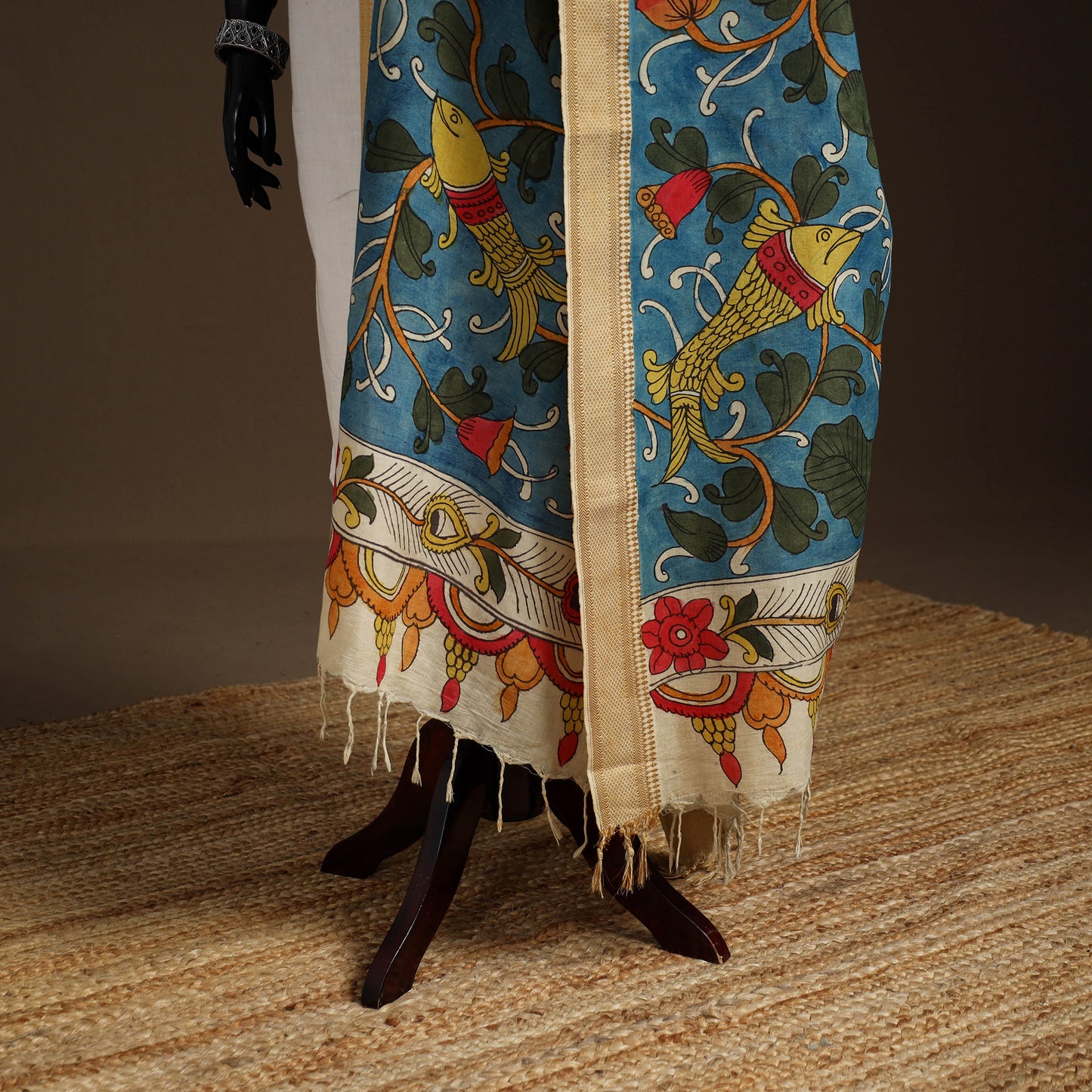 Srikalahasti Pen Work Kalamkari Bangalore Silk Floral Handpainted Dupatta 09