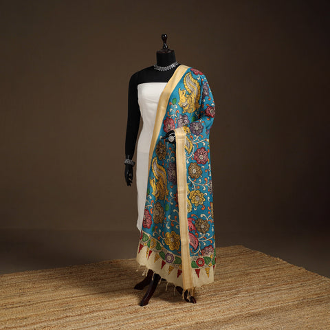 Srikalahasti Pen Work Kalamkari Bangalore Silk Floral Handpainted Dupatta 10
