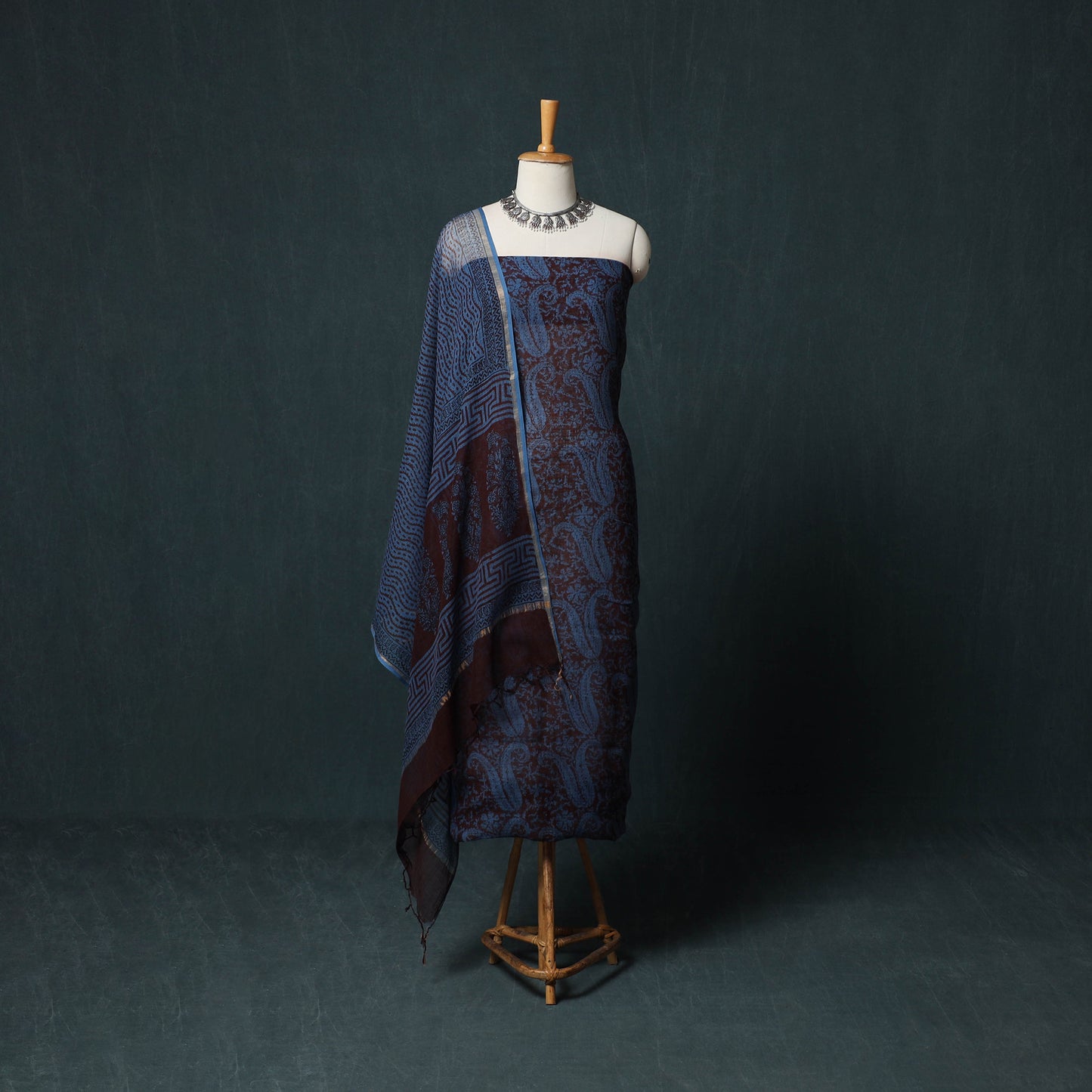 Bagh Hand Block Print Natural Dyed Kota Doria Cotton 3pc Unstitched Dress Material Suit Set 02