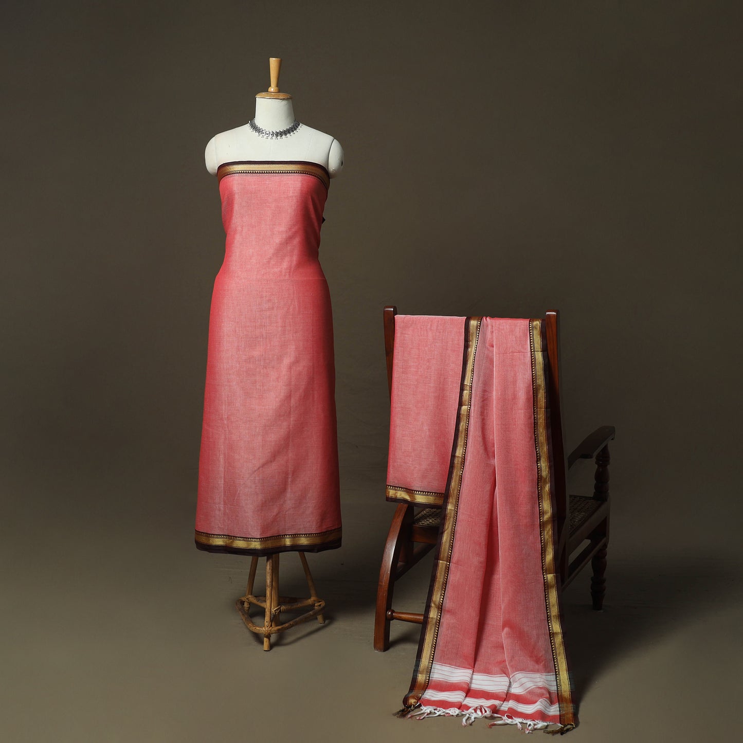 Pink - Dharwad Woven Mercerised Cotton 3pc Unstitched Dress Material Suit Set 34