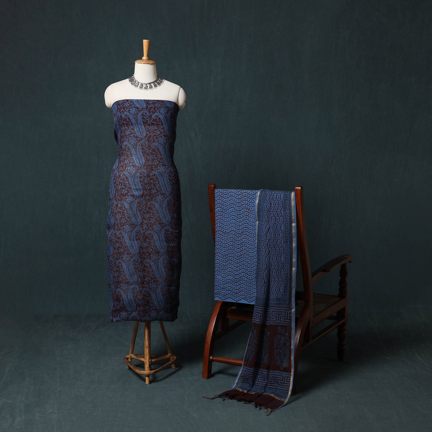 Bagh Hand Block Print Natural Dyed Kota Doria Cotton 3pc Unstitched Dress Material Suit Set 02