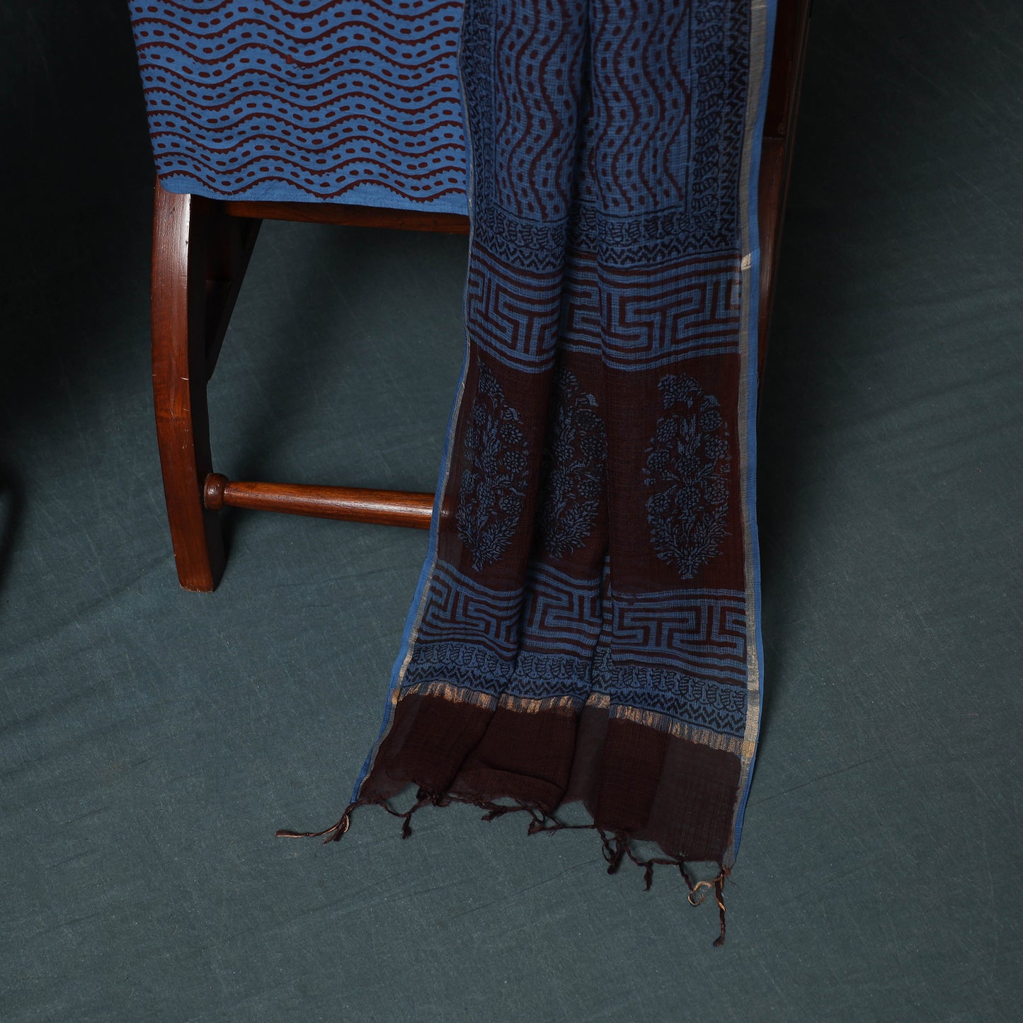 Bagh Hand Block Print Natural Dyed Kota Doria Cotton 3pc Unstitched Dress Material Suit Set 02