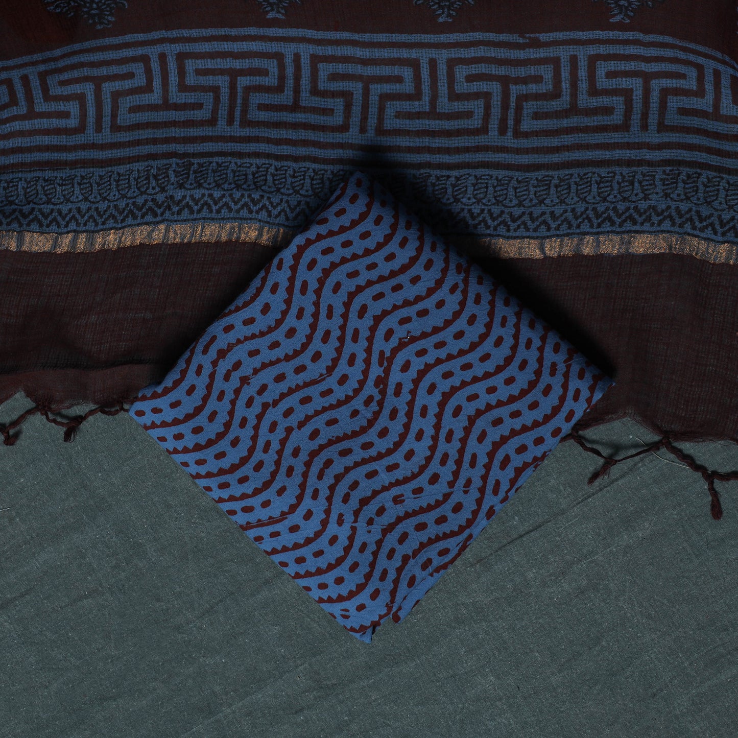 Bagh Hand Block Print Natural Dyed Kota Doria Cotton 3pc Unstitched Dress Material Suit Set 02