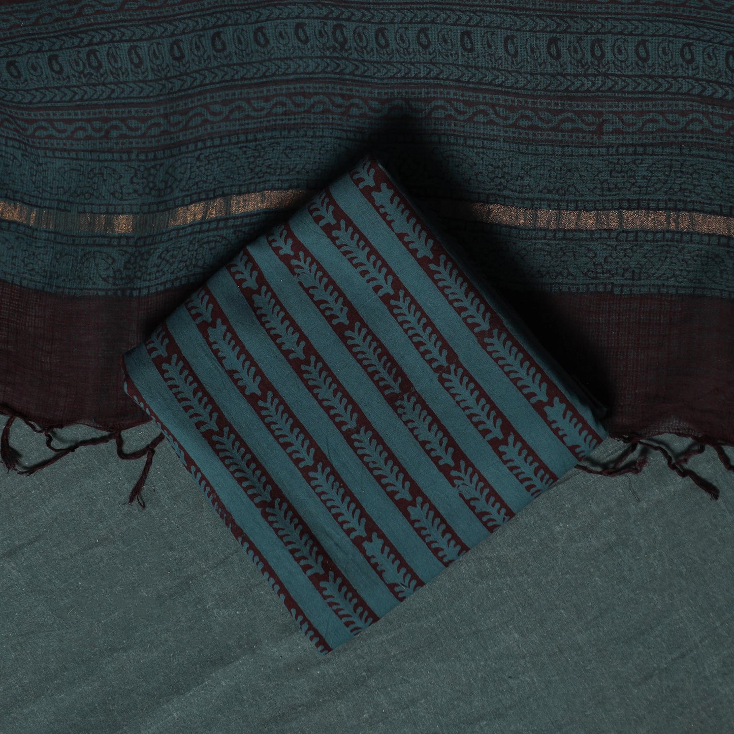 Bagh Hand Block Print Natural Dyed Kota Doria Cotton 3pc Unstitched Dress Material Suit Set 04