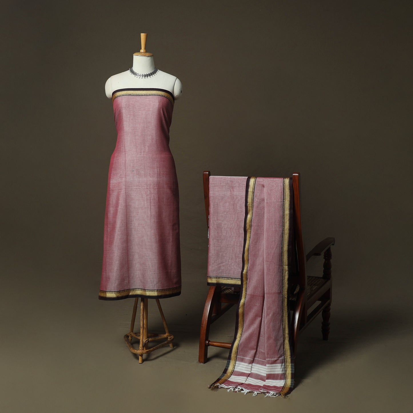 Pink - Dharwad Woven Mercerised Cotton 3pc Unstitched Dress Material Suit Set 35