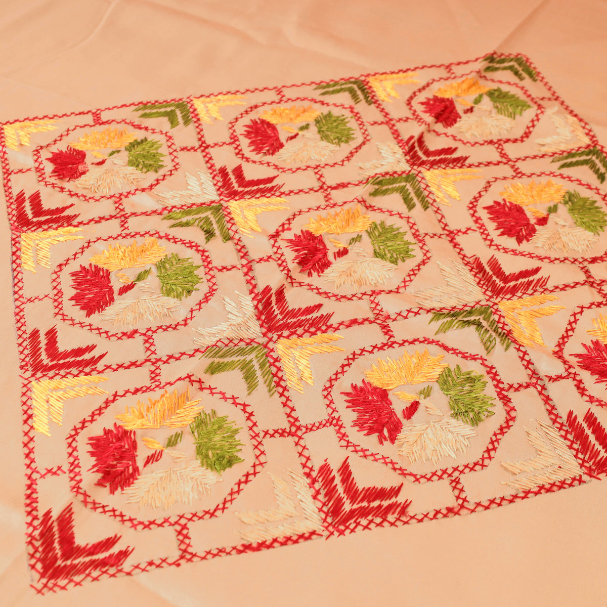 Floral Phulkari Hand Embroidered Double Bedsheet with 2 Pillow Covers Set (108 x 90 in) 06