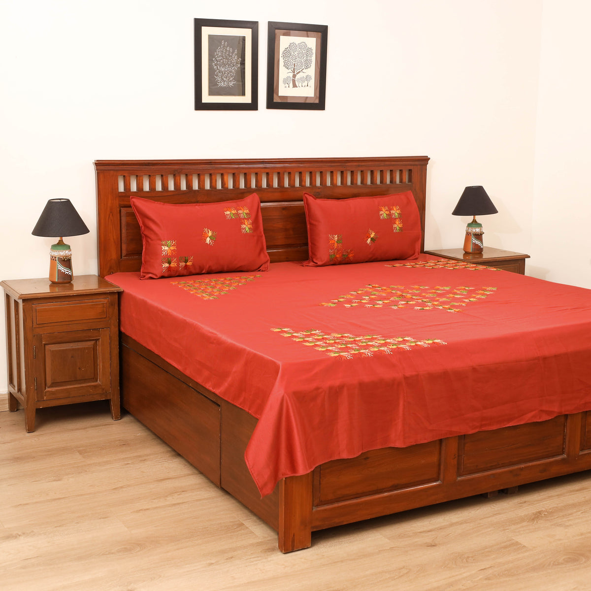 Floral Phulkari Hand Embroidered Double Bedsheet with 2 Pillow Covers Set (108 x 90 in) 07