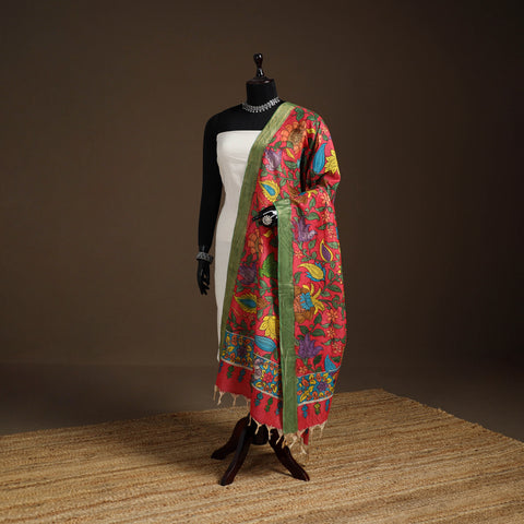 Srikalahasti Pen Work Kalamkari Bangalore Silk Floral Handpainted Dupatta 14