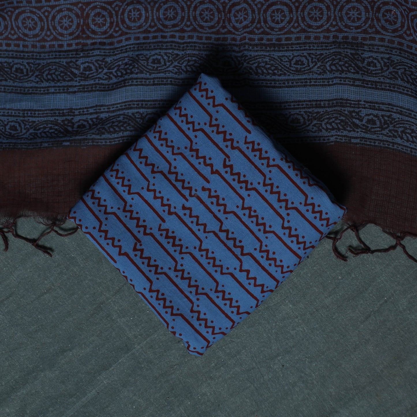 Bagh Hand Block Print Natural Dyed Kota Doria Cotton 3pc Unstitched Dress Material Suit Set 03