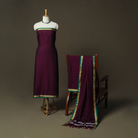Purple - Dharwad Woven Mercerised Cotton 3pc Unstitched Dress Material Suit Set 36