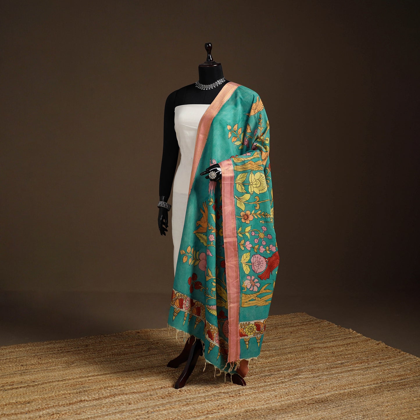 Srikalahasti Pen Work Kalamkari Bangalore Silk Floral Handpainted Dupatta 15