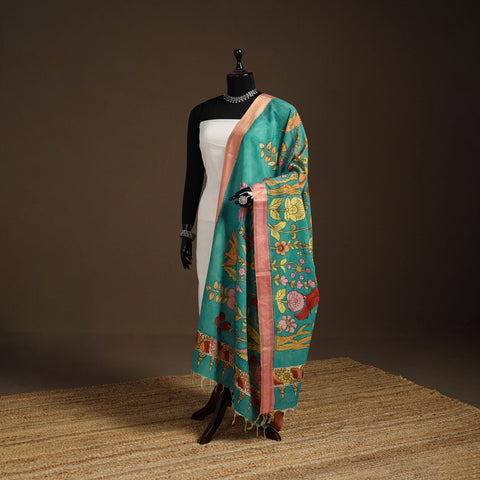 Srikalahasti Pen Work Kalamkari Bangalore Silk Floral Handpainted Dupatta 15