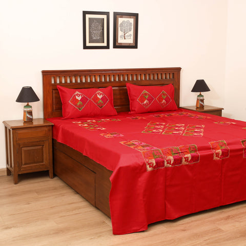 Floral Phulkari Hand Embroidered Double Bedsheet with 2 Pillow Covers Set (108 x 90 in) 08