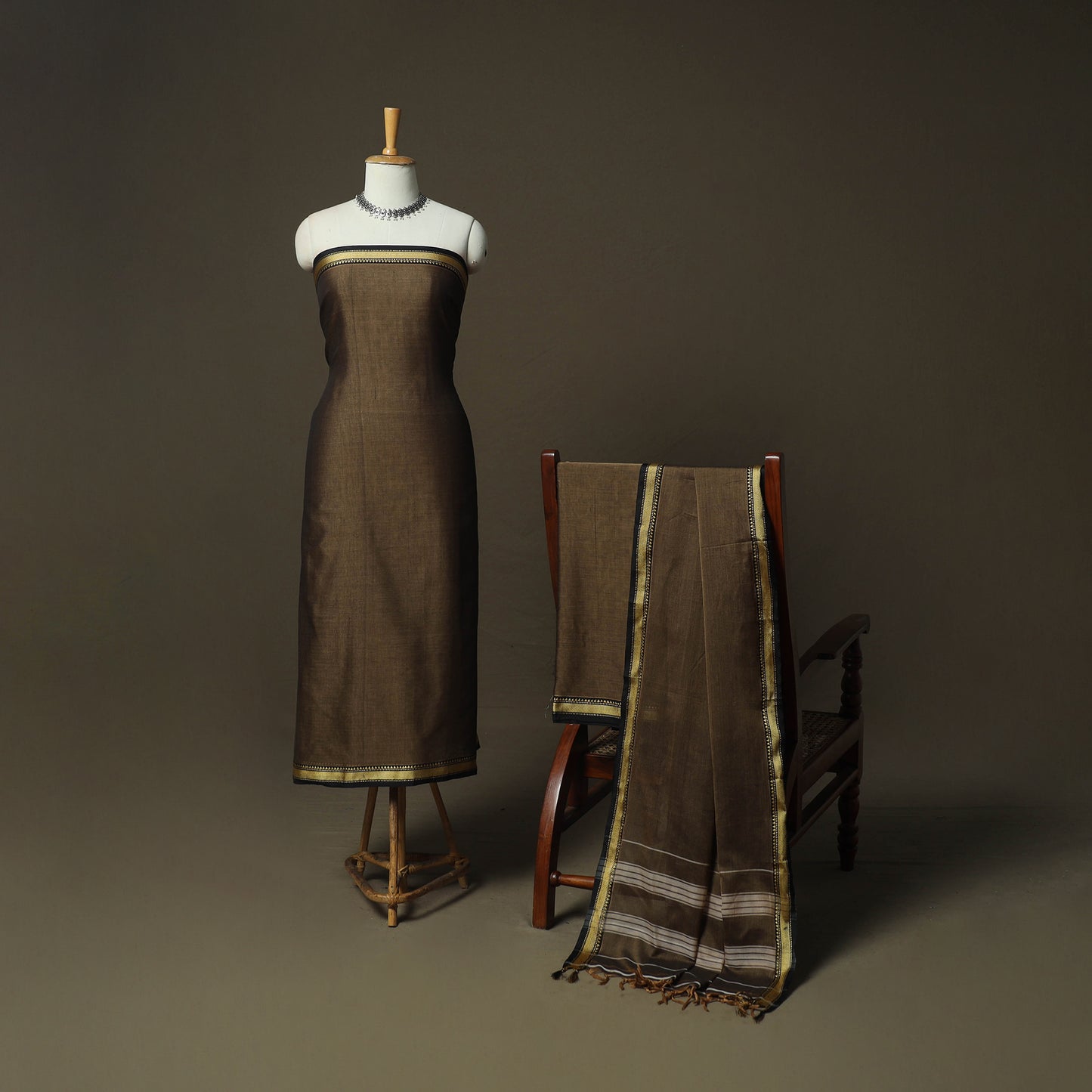 Brown - Dharwad Woven Mercerised Cotton 3pc Unstitched Dress Material Suit Set 37