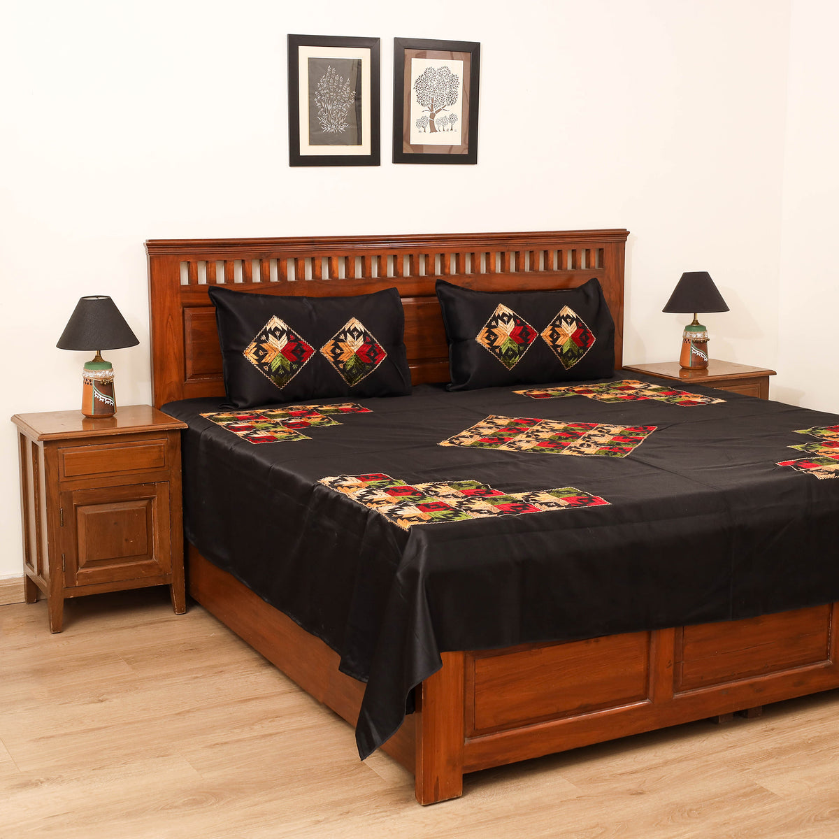 Floral phulkari hand embroidered double bedsheet with 2